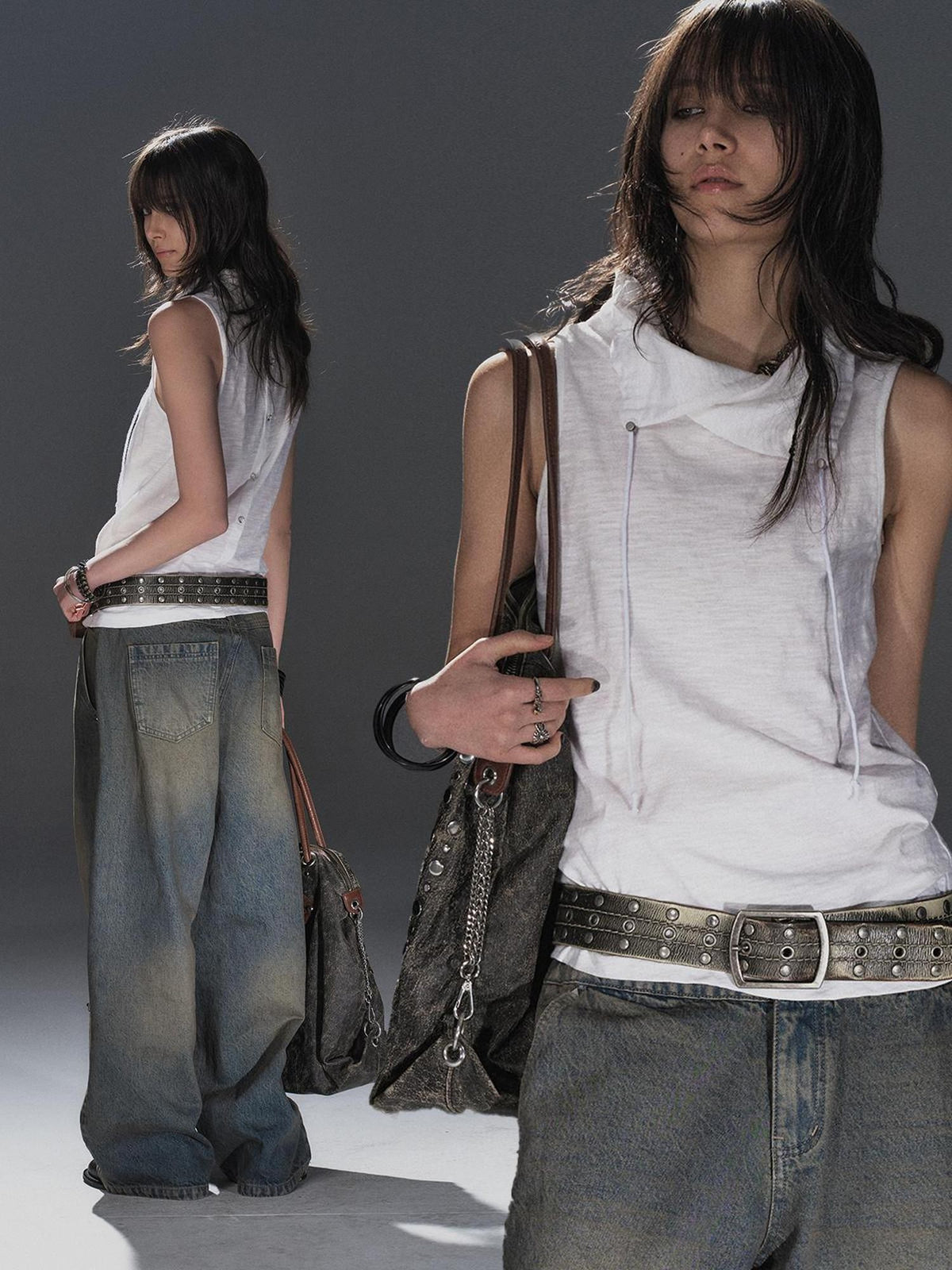 wear And tear Textured Drawstring Back Button Loose Fit Cotton Women's Tank Tops