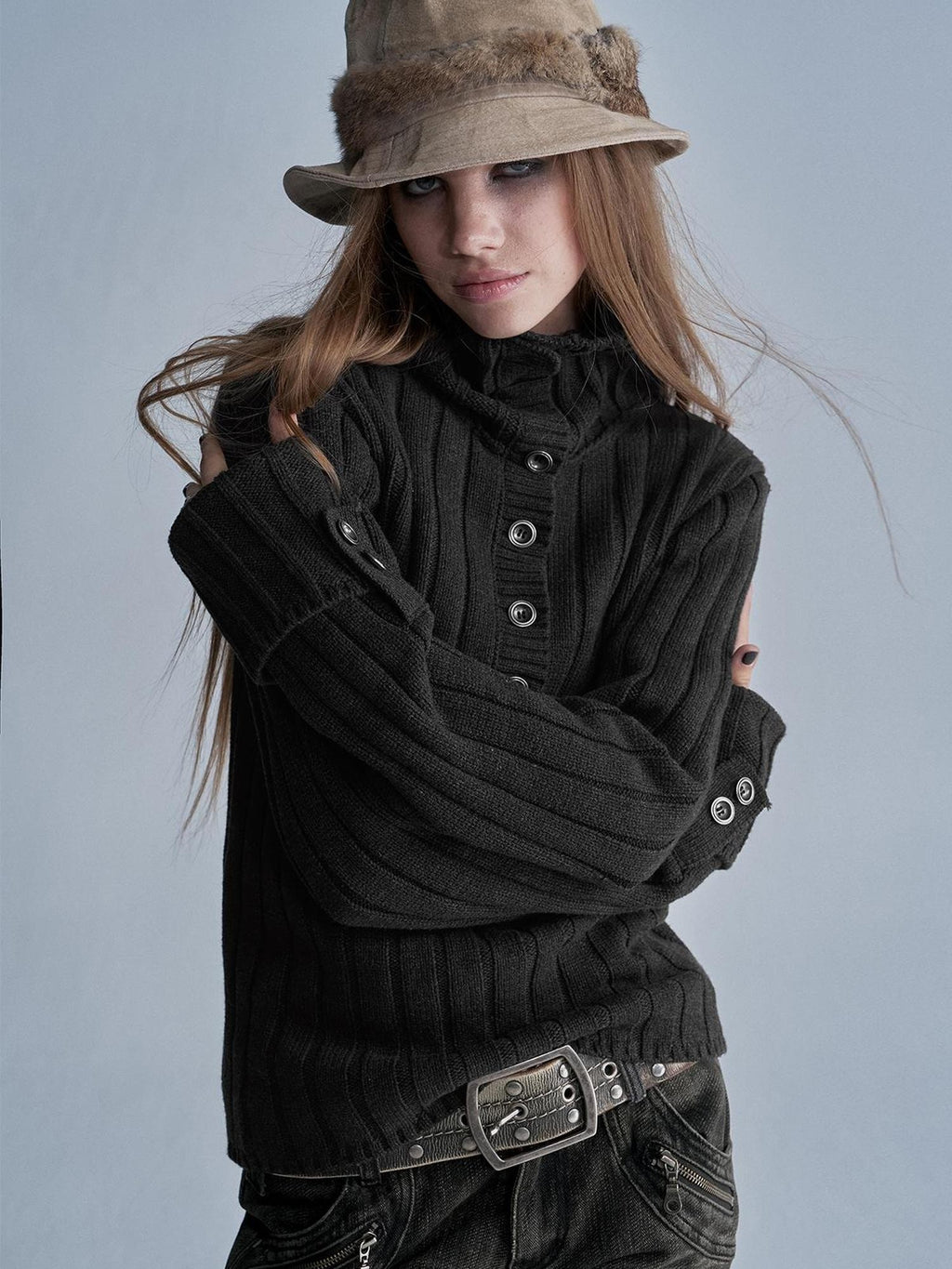 wear And tear Two Way Stacked Turtleneck Ribbed Textured Folded Cuff Women's Cotton Blend Slim Fit Sweaters