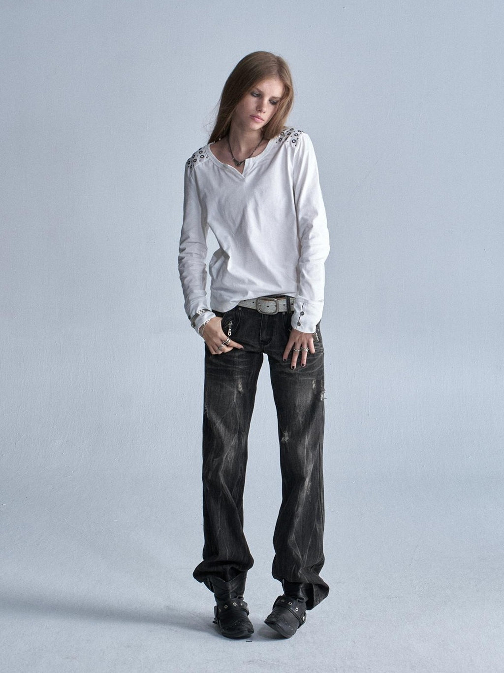 wear And tear V-neck Rhinestone Embellished Punk Slim Fit Cotton Women's Long Sleeve T-shirts