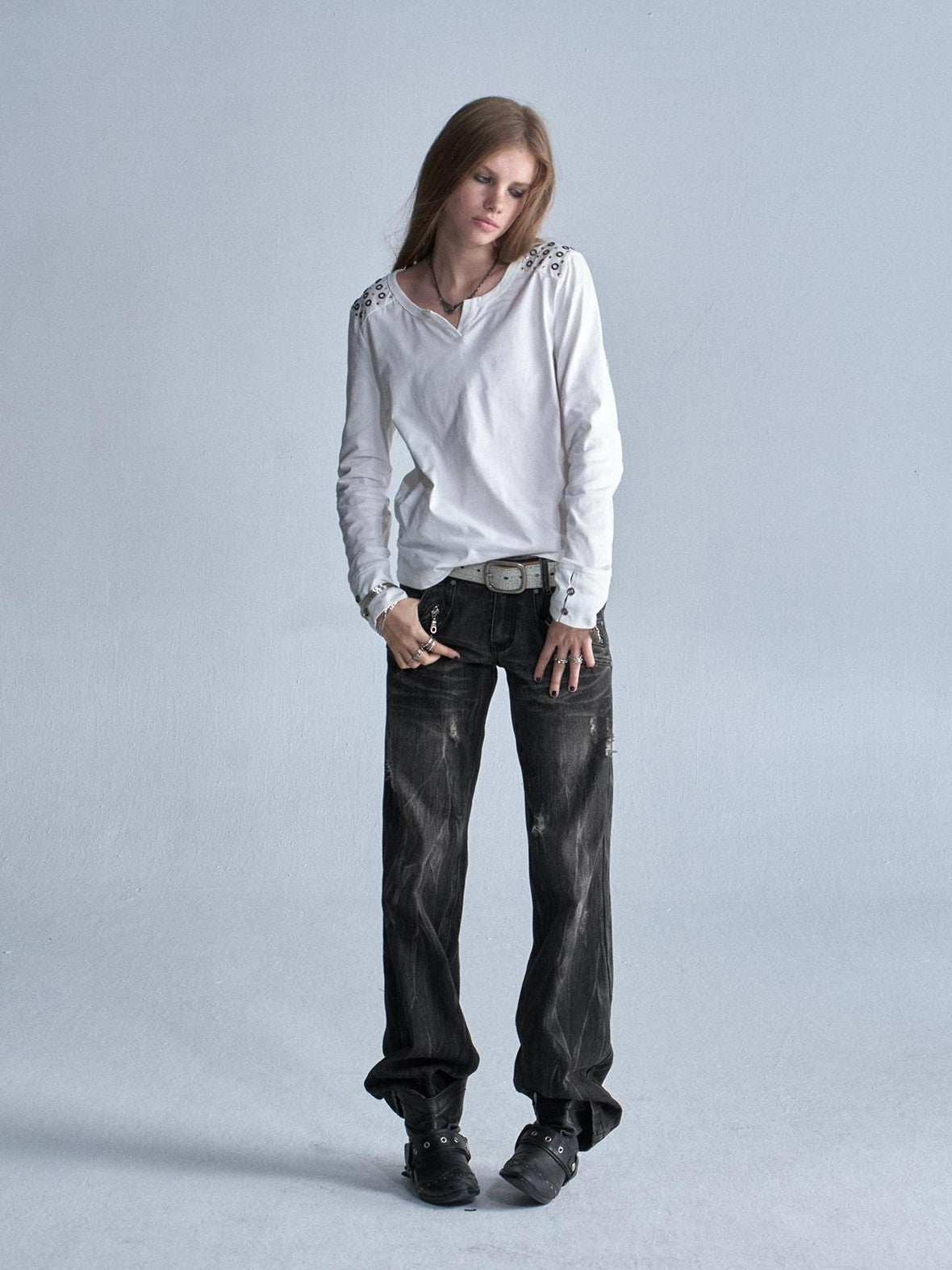 wear And tear V-neck Rhinestone Embellished Punk Slim Fit Cotton Women's Long Sleeve T-shirts