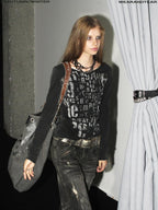 wear And tear V-neck Silver Print Distressed Asymmetric Frayed Women's Cotton Long Sleeve T-shirts
