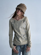 wear And tear V-neck Silver Print Distressed Asymmetric Frayed Women's Cotton Long Sleeve T-shirts