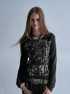 wear And tear V-neck Silver Print Distressed Asymmetric Frayed Women's Cotton Long Sleeve T-shirts