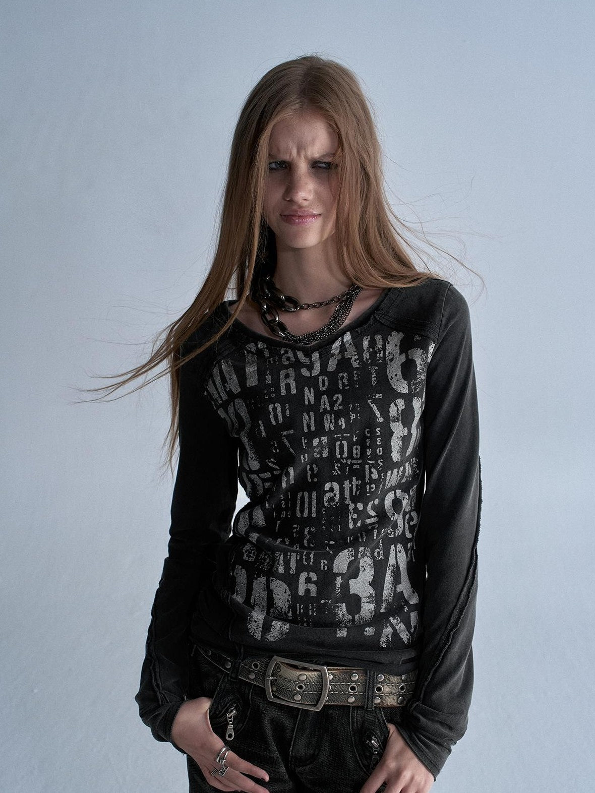 wear And tear V-neck Silver Print Distressed Asymmetric Frayed Women's Cotton Long Sleeve T-shirts