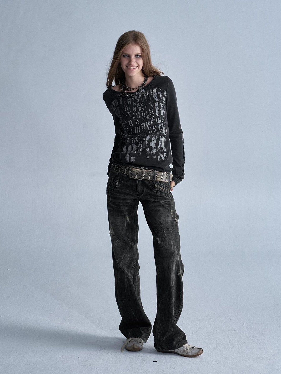 wear And tear V-neck Silver Print Distressed Asymmetric Frayed Women's Cotton Long Sleeve T-shirts