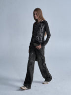 wear And tear V-neck Silver Print Distressed Asymmetric Frayed Women's Cotton Long Sleeve T-shirts