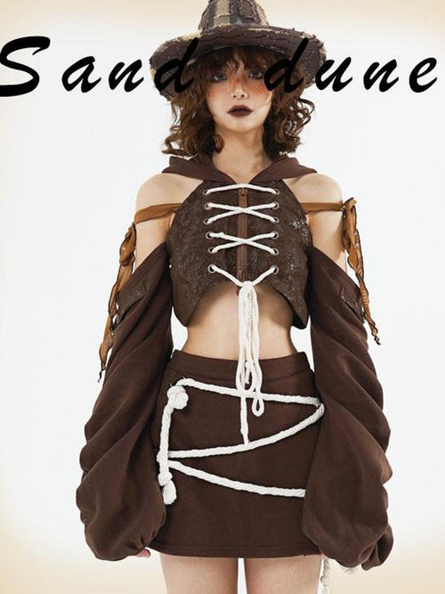 wsw Asymmetric Wasteland Cropped Cotton Women's Top & Skirt Sets