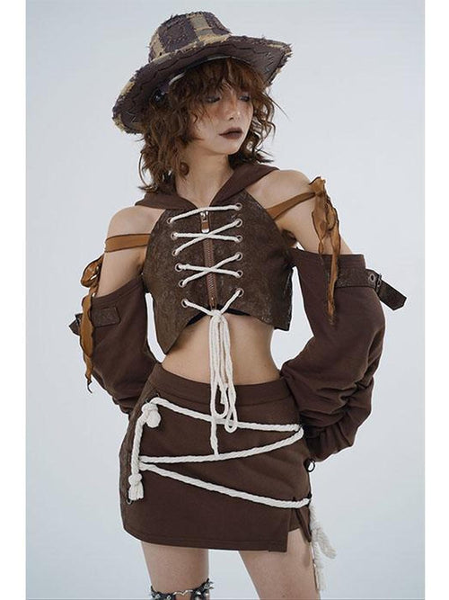 wsw Asymmetric Wasteland Cropped Cotton Women's Top & Skirt Sets