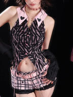 wsw Black Pink Star Plaid Low Waist Slim Fit Women's Short Trousers