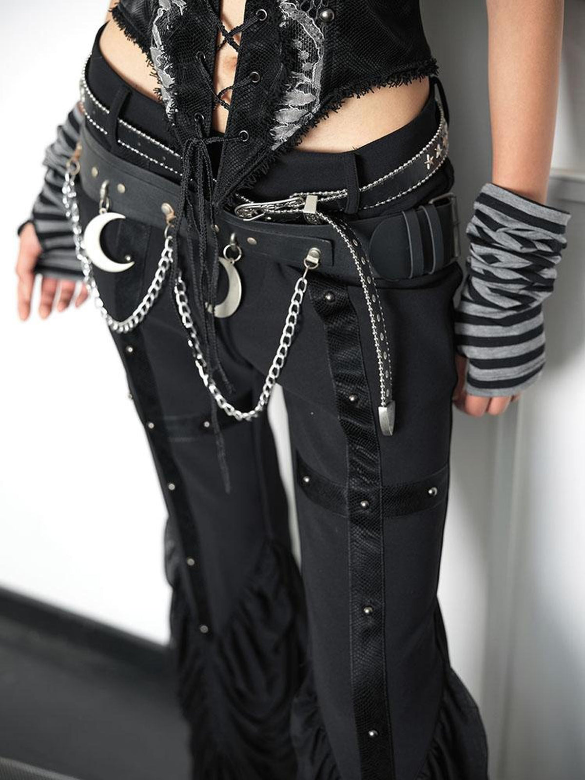 wsw Black Punk Cross Studded Low Waist Women's Wide-leg Pants