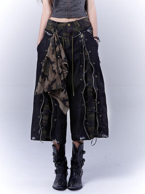 wsw Camouflage Distressed Lace-up Cropped Women's Denim Wide-leg Jeans