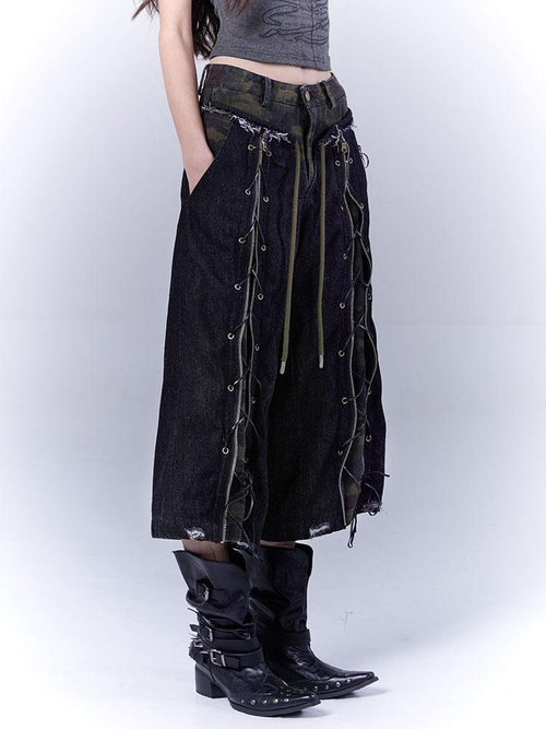 wsw Camouflage Distressed Lace-up Cropped Women's Denim Wide-leg Jeans