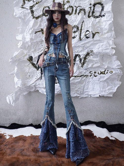 wsw Color Block Low Waist Women's Flare Jeans