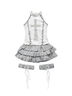 wsw Cross Print Gothic Punk Grey White Women's Top & Skirt Sets