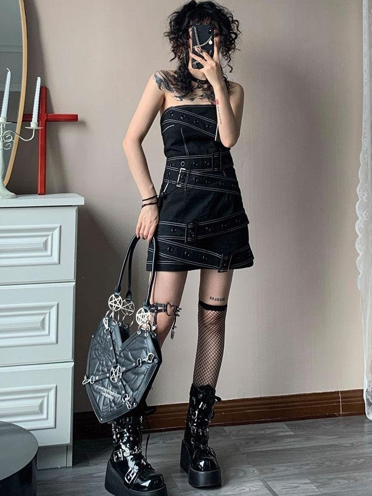 wsw Denim Hardware Y2k Women's Cotton Strapless Mini Dresses