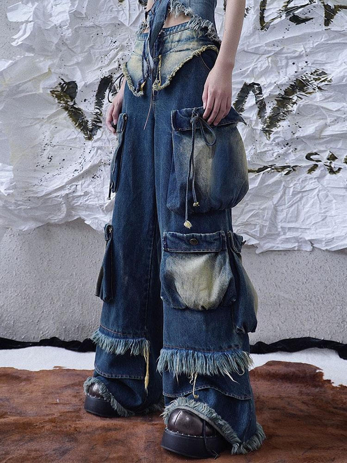 wsw Embroidered Utility Wasteland Style Women's Denim Wide-leg Jeans