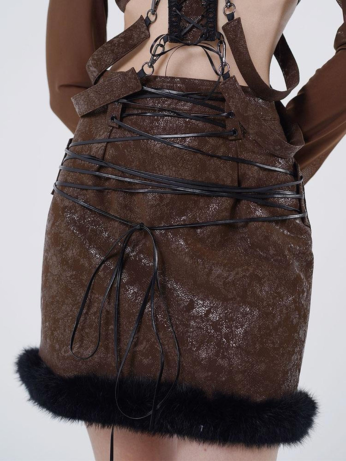 wsw Fur Trim Lace Up Bodycon A Line Women's Mini Skirts