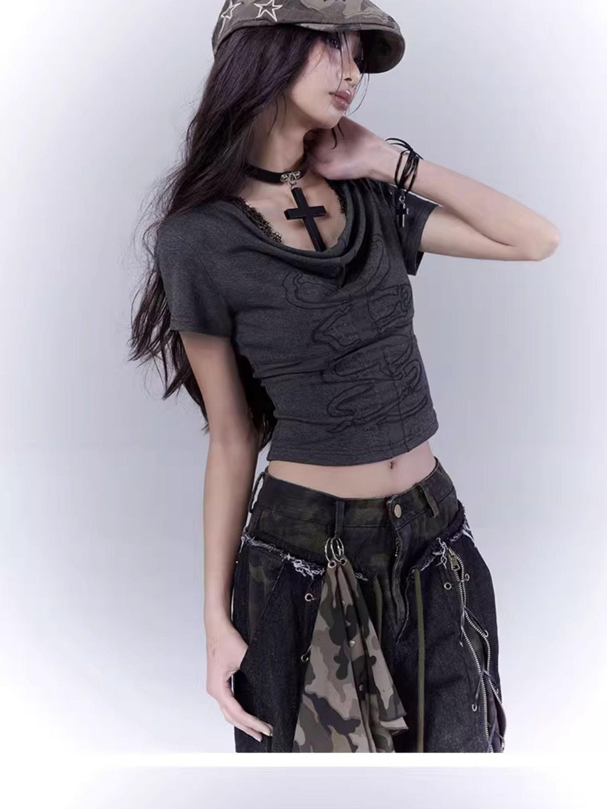 wsw Gray Hollow Cross Print Lace Women's Modal Short Sleeve T-shirts