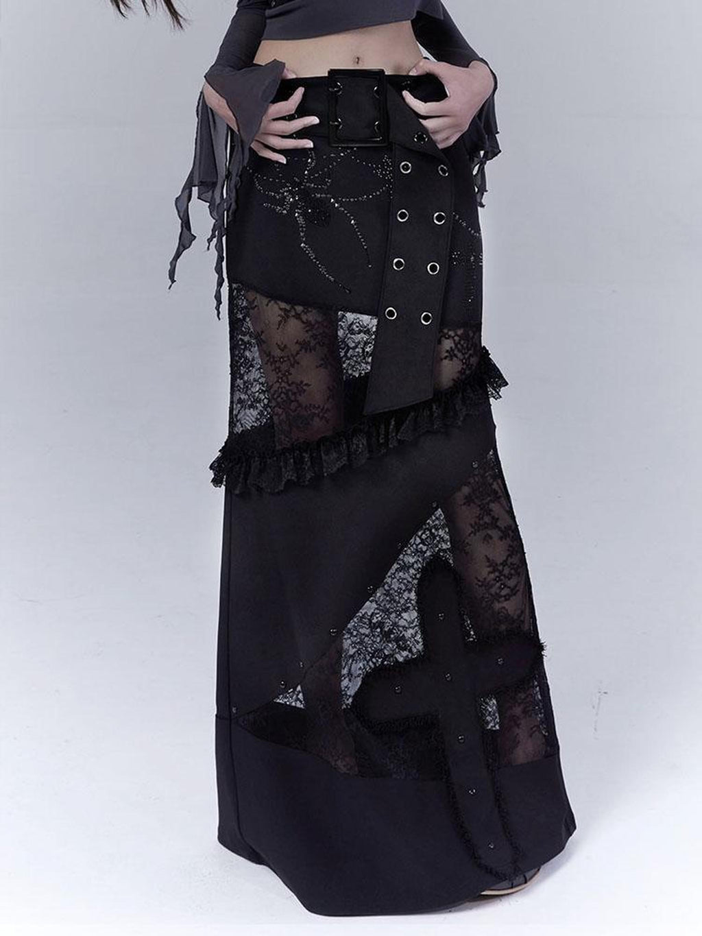 wsw Lace Patchwork Low Waist Straight Dark Women's Polyester Maxi Skirts