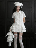 wsw Lace Up Layered Ruffle Button Up Cotton Shirt Women's Casual Mini Dresses