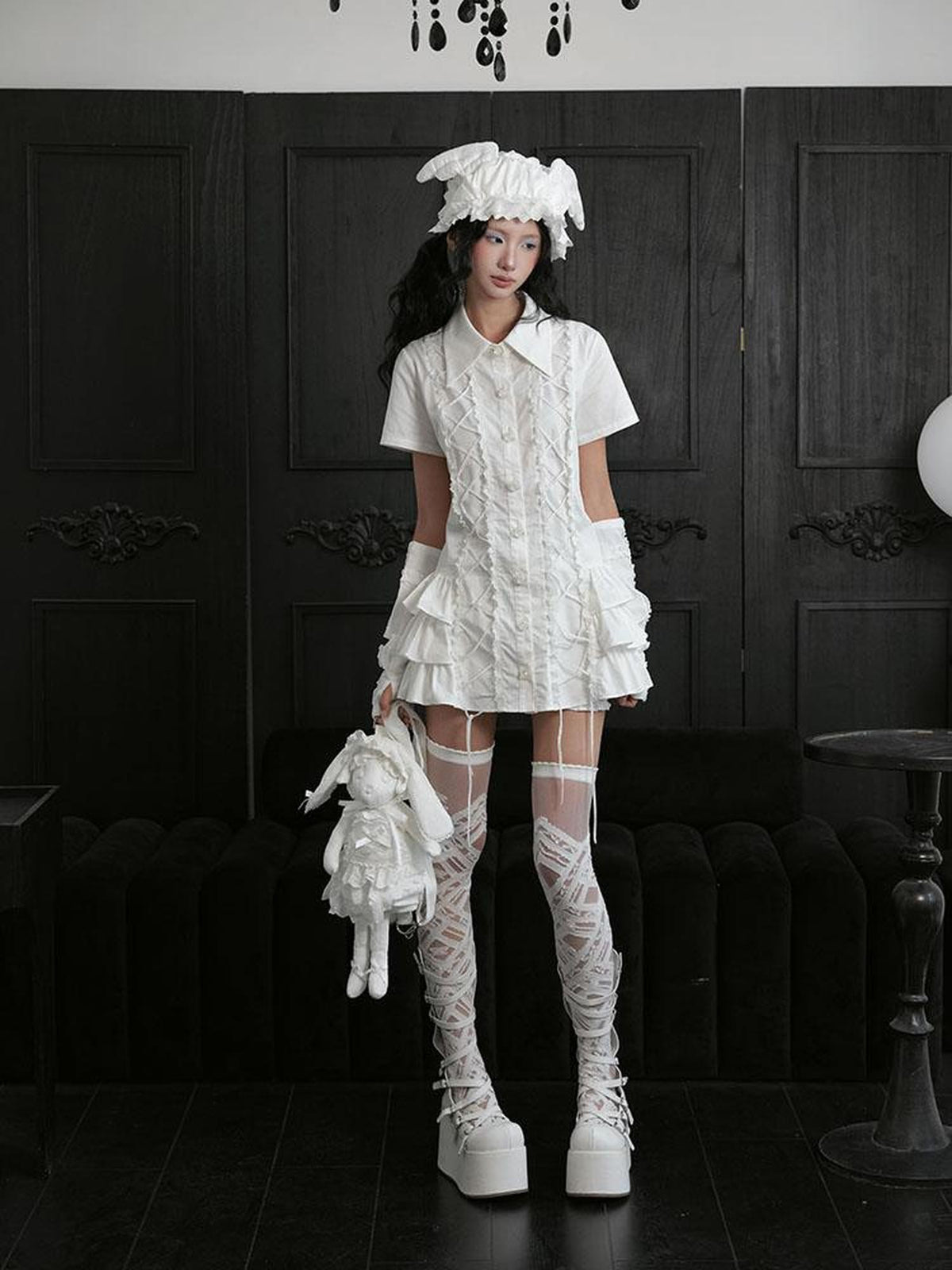 wsw Lace Up Layered Ruffle Button Up Cotton Shirt Women's Casual Mini Dresses