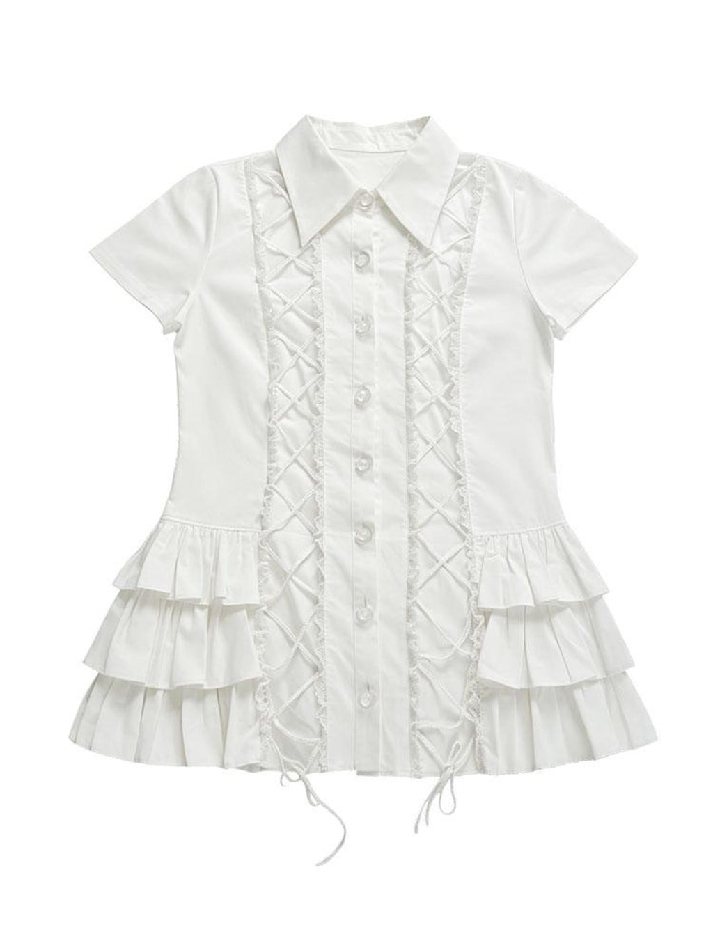 wsw Lace Up Layered Ruffle Button Up Cotton Shirt Women's Casual Mini Dresses