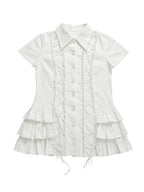 wsw Lace Up Layered Ruffle Button Up Cotton Shirt Women's Casual Mini Dresses