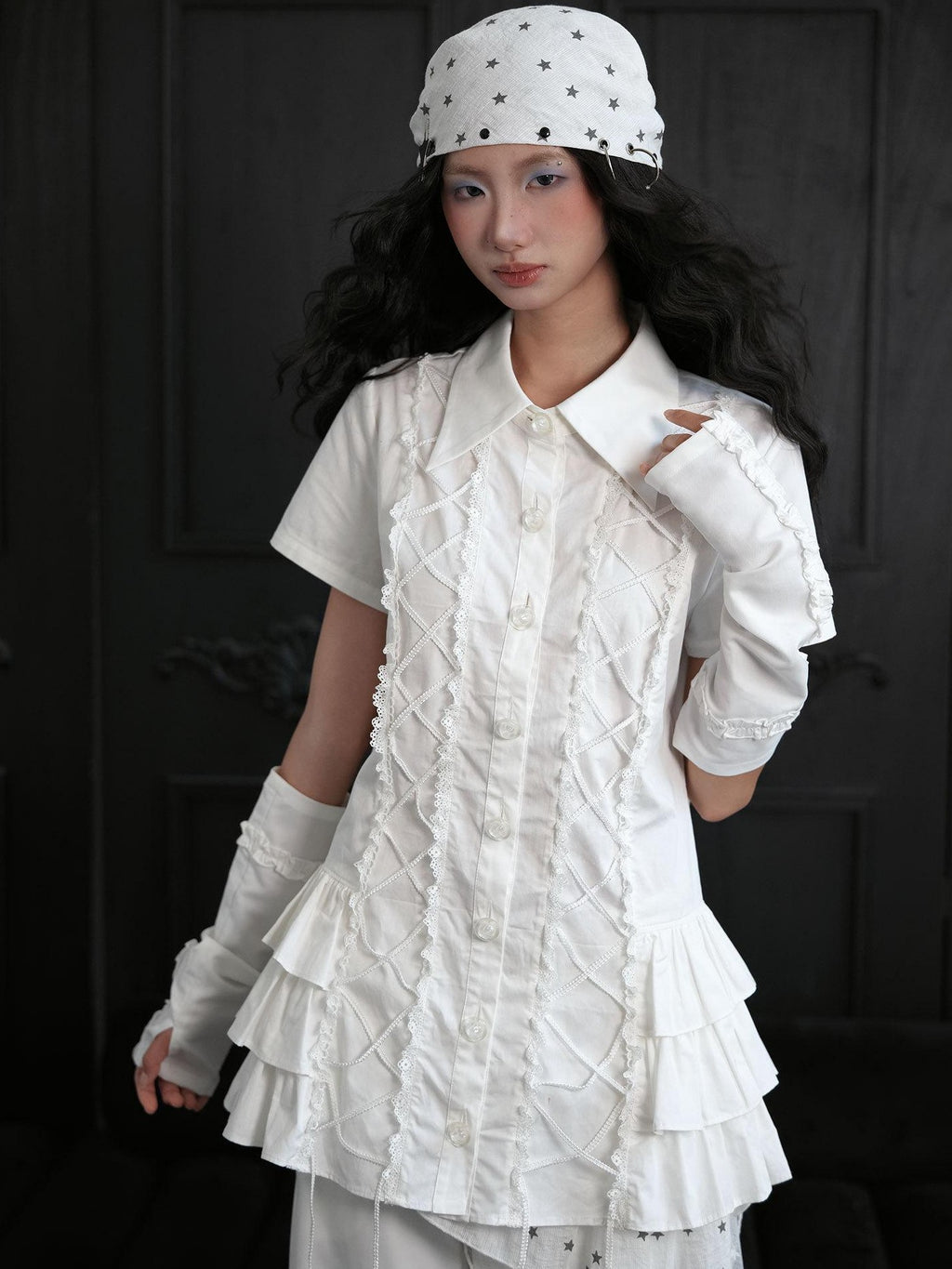 wsw Lace Up Layered Ruffle Button Up Cotton Shirt Women's Casual Mini Dresses