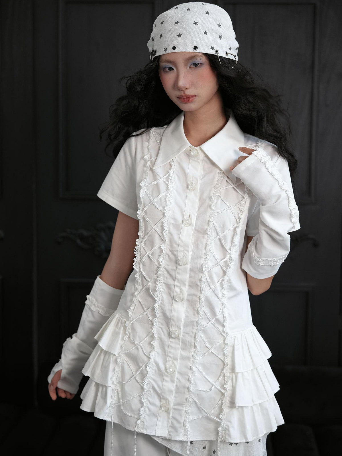 wsw Lace Up Layered Ruffle Button Up Cotton Shirt Women's Casual Mini Dresses