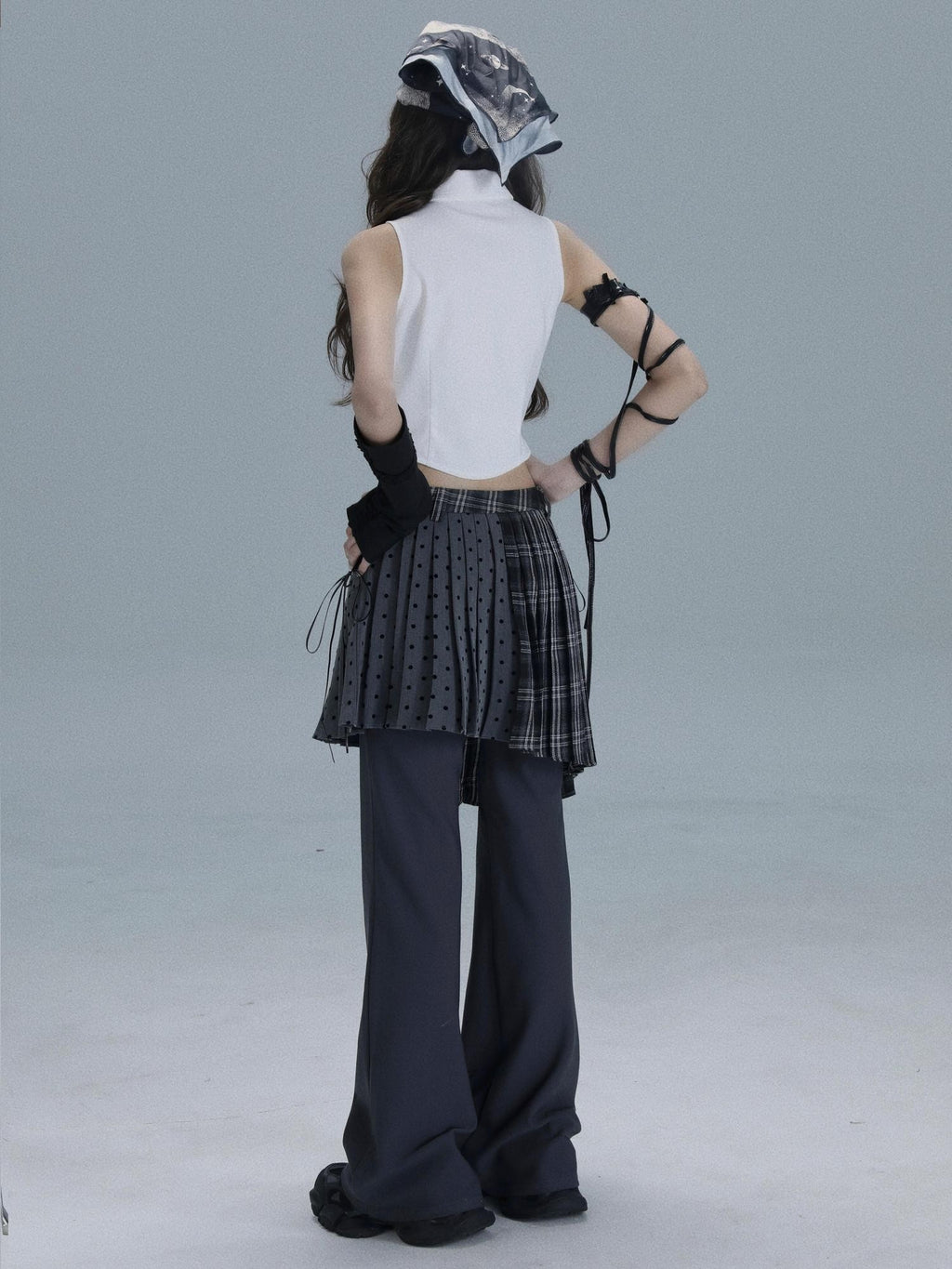 wsw Plaid Polka Dot Print Layered Skirt Overlay Women's Polyester Wide-leg Pants