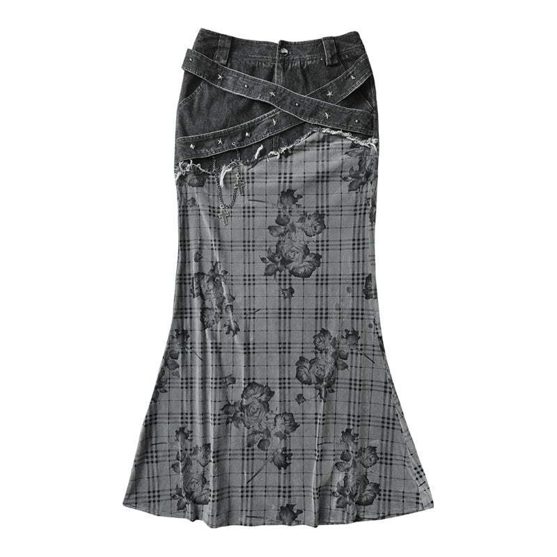 wsw_Plaid_Rose_Denim_Patchwork_Low_Rise_Mermaid_Women's_Polyester_Cotton_Maxi_Skirts_923336837565_MISSTT