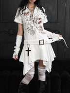 wsw Punk Print Lace Up V-neck Cotton Shirt Women's Irregular Midi Dresses