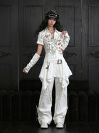 wsw Punk Print Lace Up V-neck Cotton Shirt Women's Irregular Midi Dresses