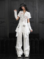 wsw Punk Print Lace Up V-neck Cotton Shirt Women's Irregular Midi Dresses