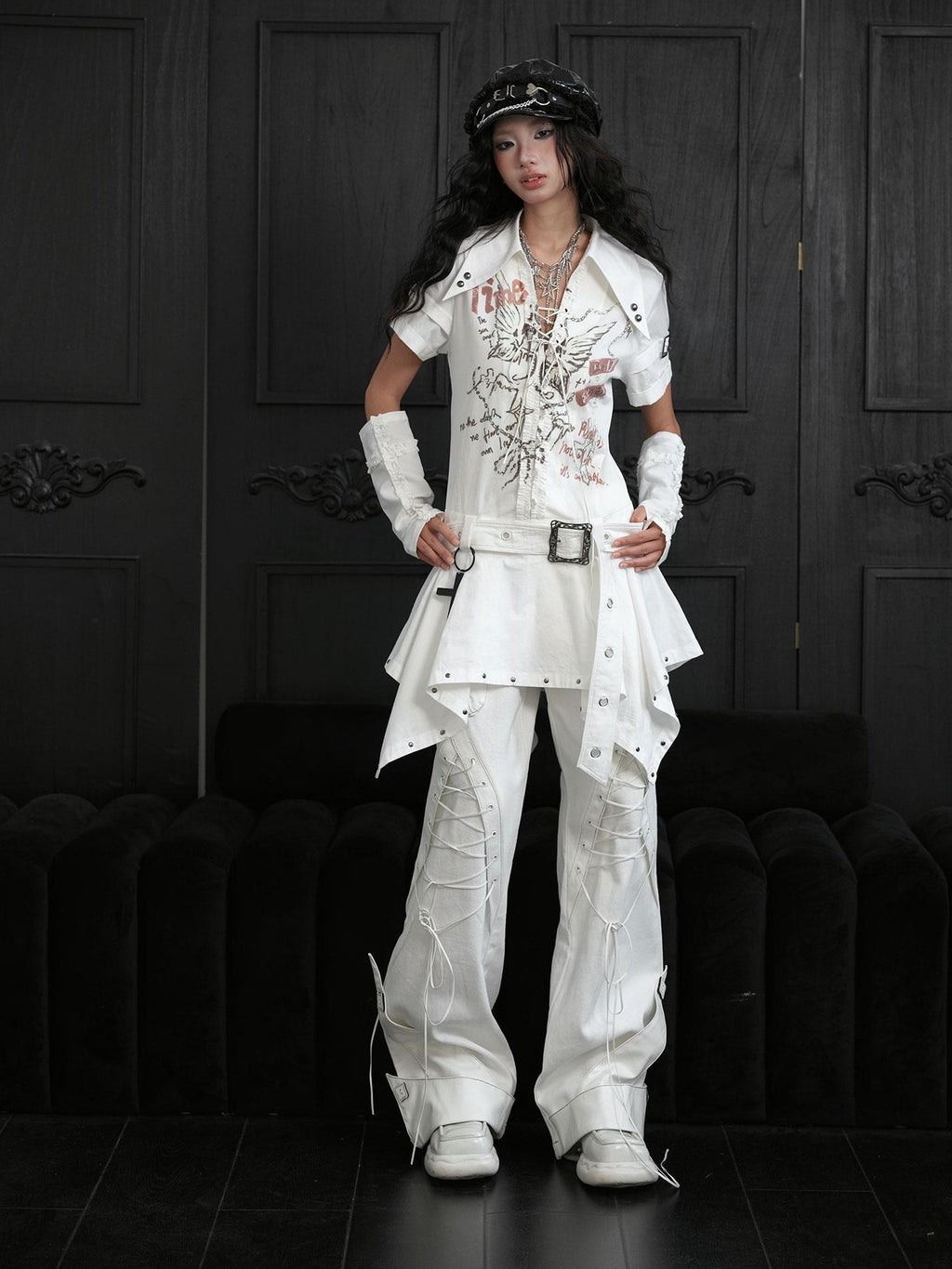 wsw Punk Print Lace Up V-neck Cotton Shirt Women's Irregular Midi Dresses