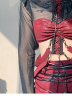 wsw Red Black Mesh Fitted Wasteland Subculture Women's Polyester Pu Tube Tops